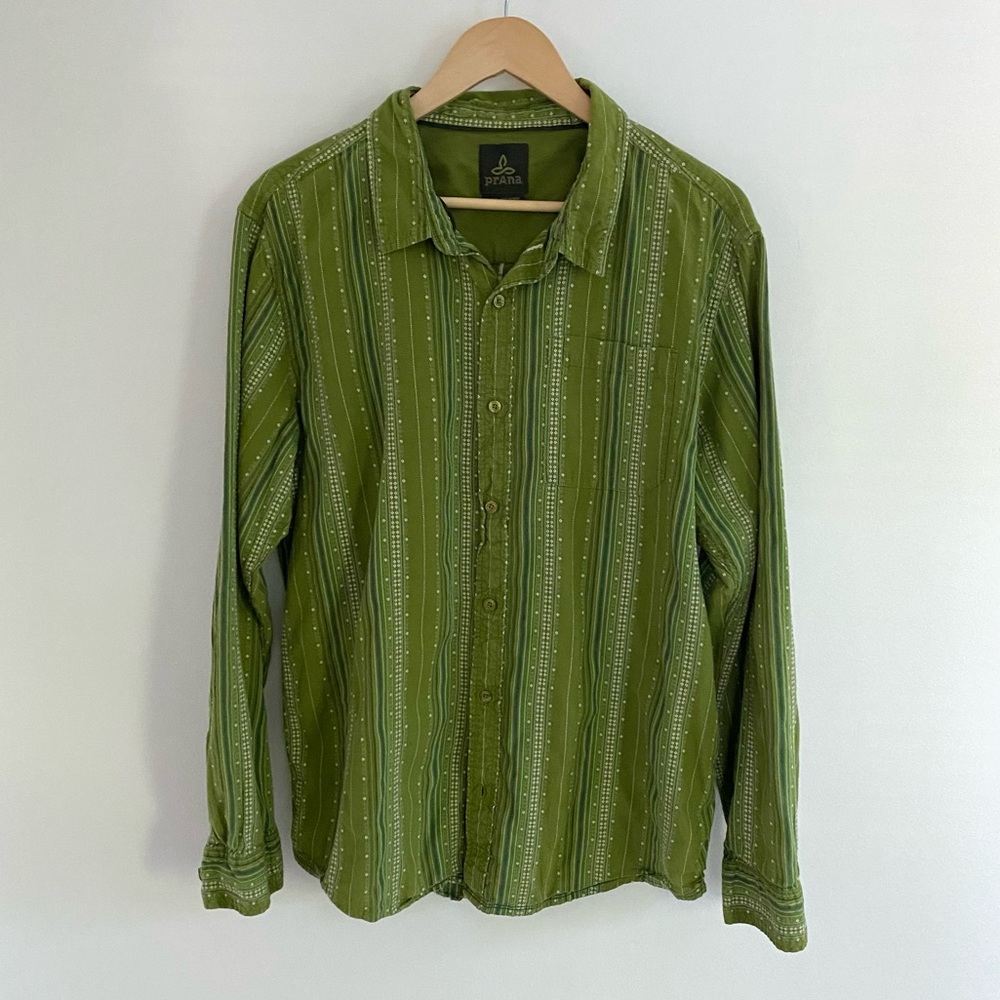 Prana Green Embroidered Organic Cotton Boho Button Down Shirt